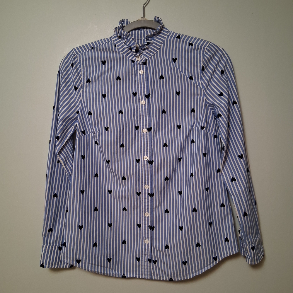 J Crew Blue Striped Button-Up Shirt with Heart Print Ruffle Neck Size XXS